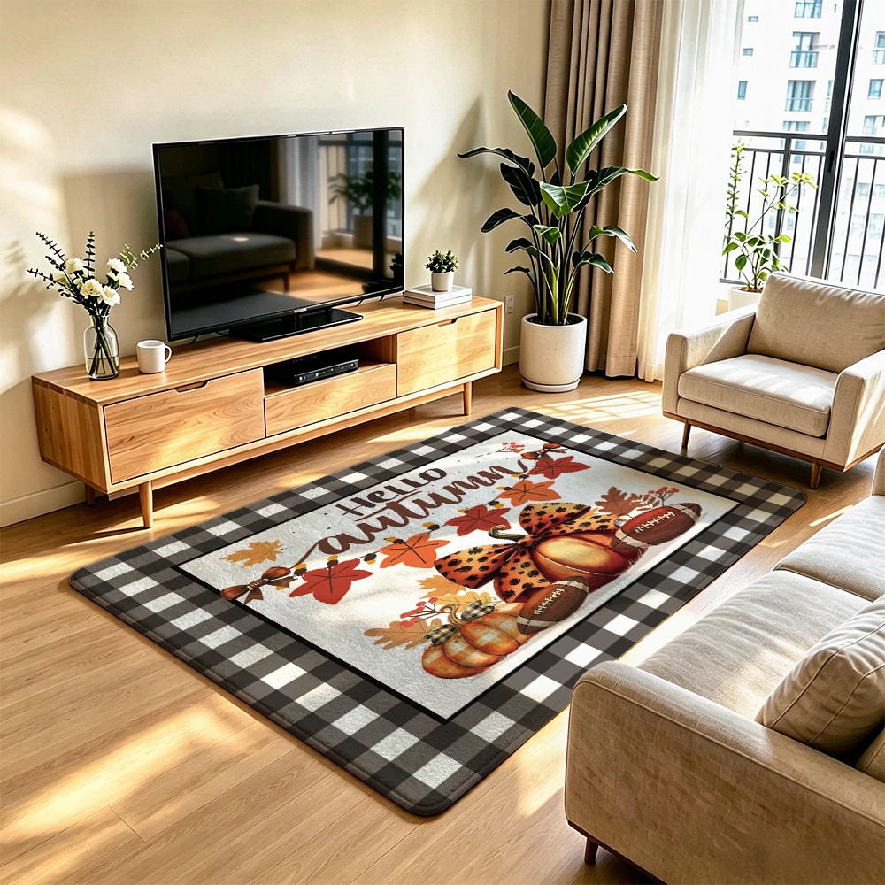 1Pc American Football Pumpkin Maple Leaf Autumn Floor Mat, Anti-Slip Silicone Tufted Carpet, Decor Rug For Living Room Sofa B