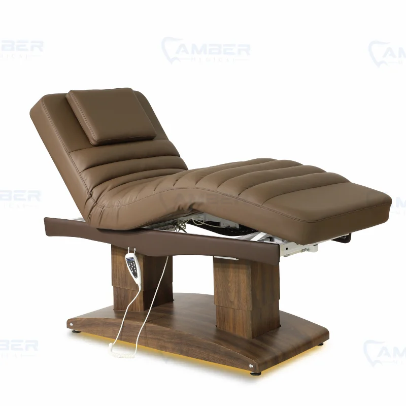 أثاث الصالون، سرير تدليك كهربائي قابل للتعديل، قاعدة خشبية بنية، سرير تجميل الوجه لصالون تجميل الوجه