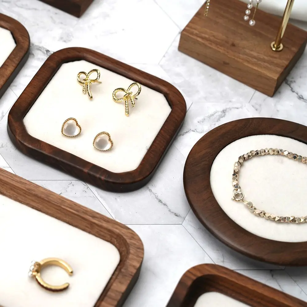Bandeja geométrica de anéis de madeira, bandeja de veludo para orelha, brincos, bandeja de exibição, organizador de joias requintado, suporte para brincos, loja