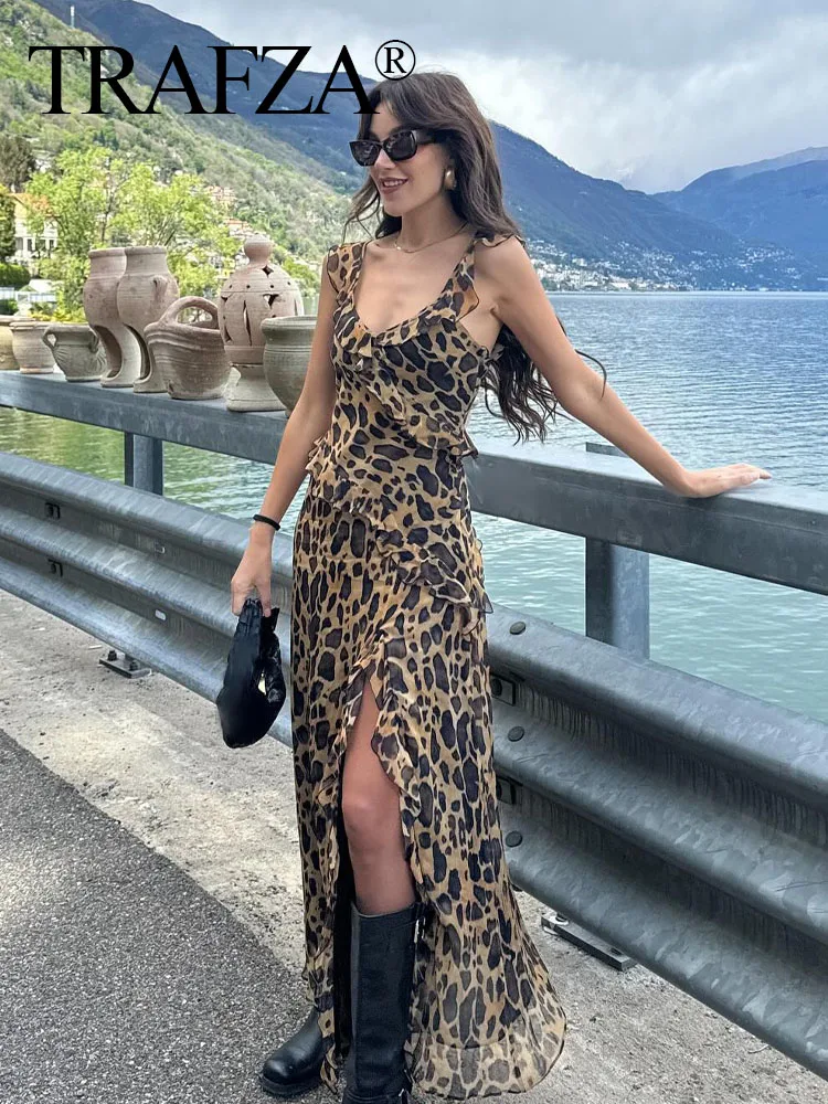 TRAFZA 2024 Woman Chic V-Neck Sleeveless Backless Slim Beach Party Dress Women Summer Vintage Leopard Fold Print Long Dress