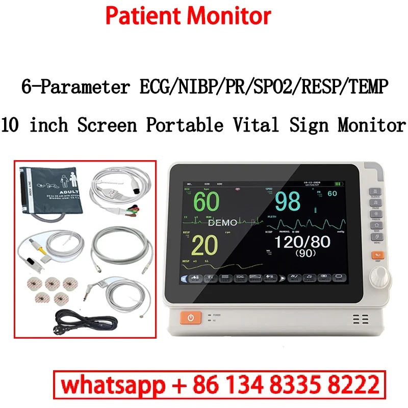 10 inchAdult Child  Neonate /Vet use portable 6-parameter monitor ECG/NIBP/PR/SPO2/RESP/TEMP patient monitor vital signs monitor