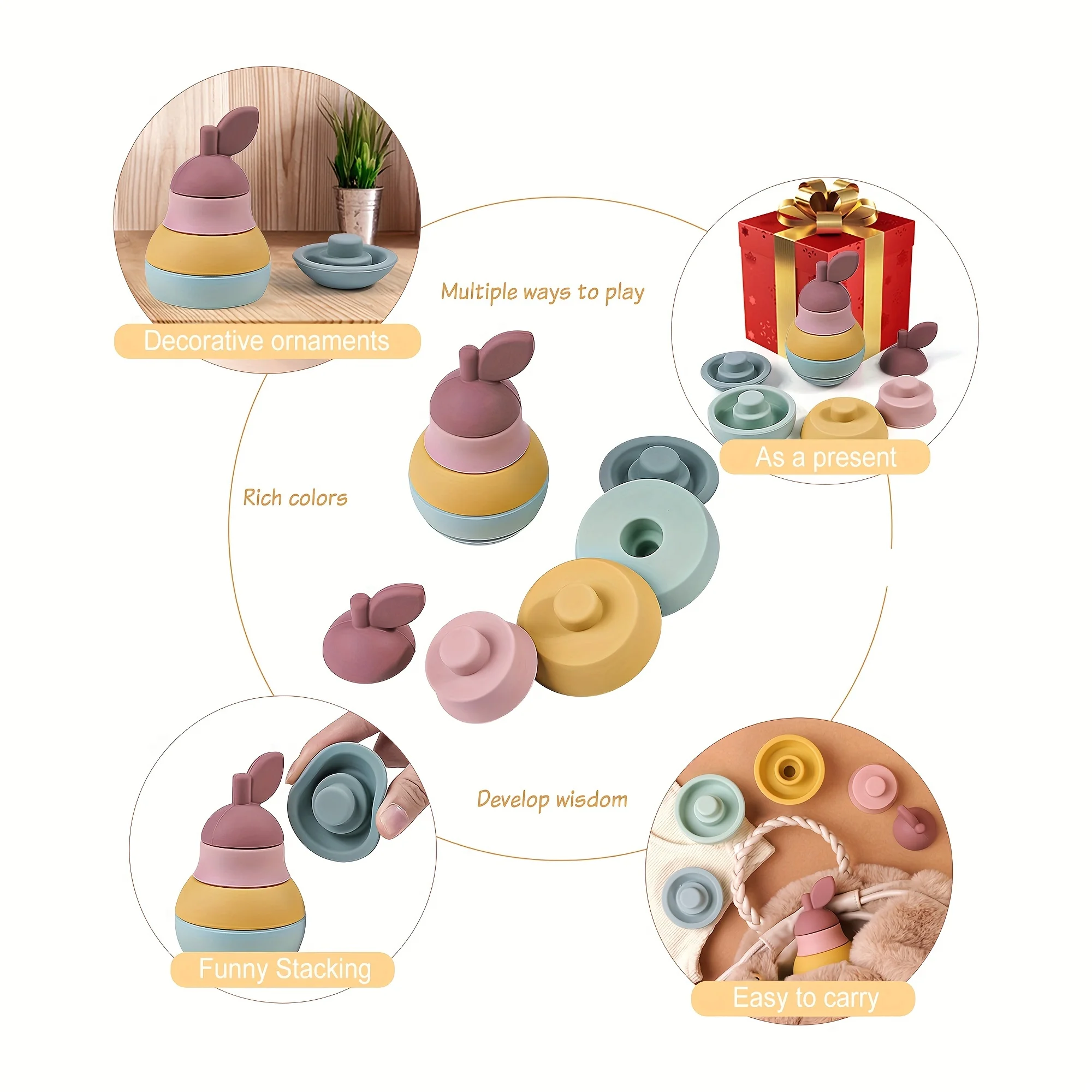 Brinquedo de empilhamento de frutas de desenho animado de silicone para bebê - desenvolve correspondência de cores e formas - brinquedo educacional amigável para dentição, aprendizagem precoce