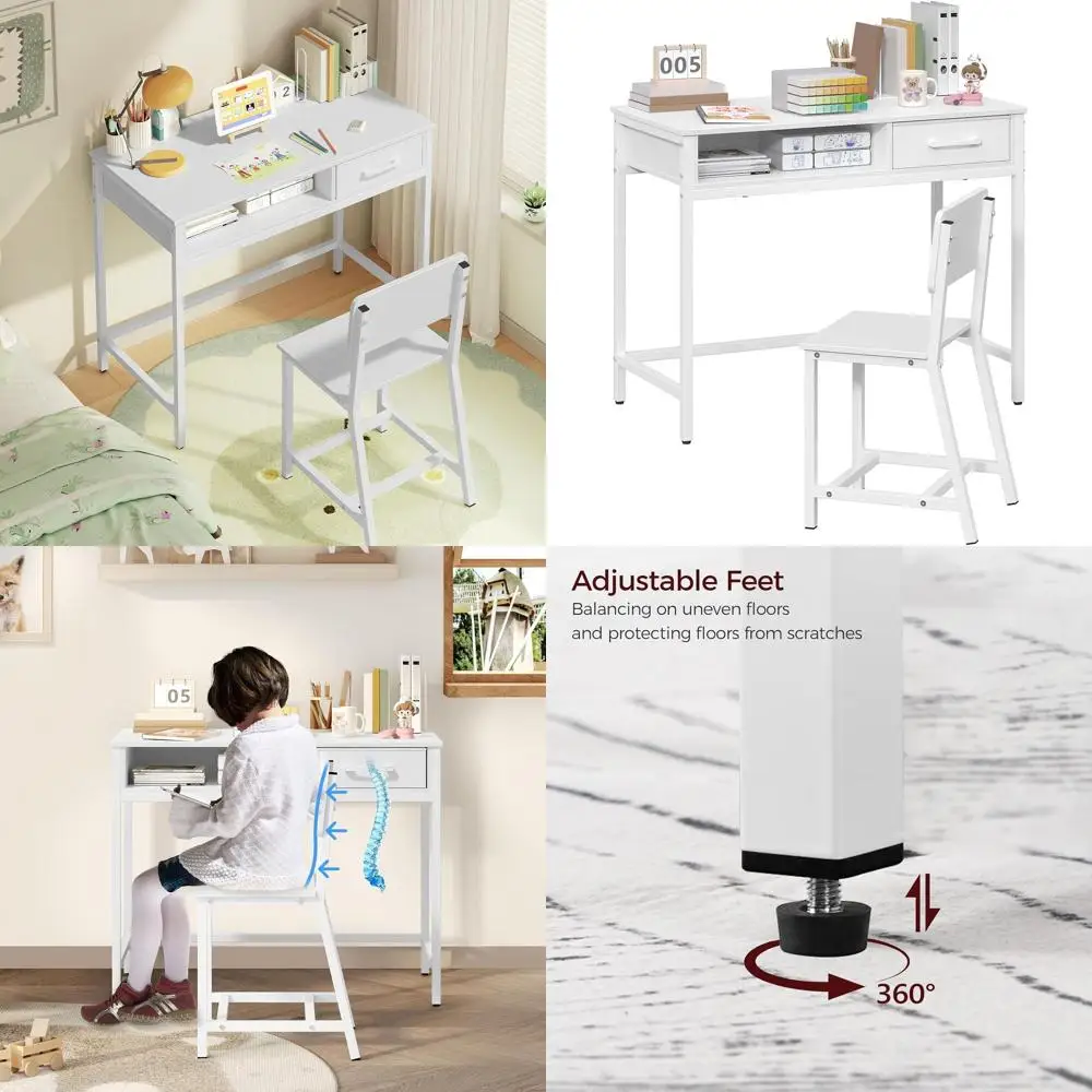 

Детский комплект: стол и стул, деревянный письменный стол с органайзером для книг и тканевым ящиком, идеально подходит для детской комнаты и спальни.