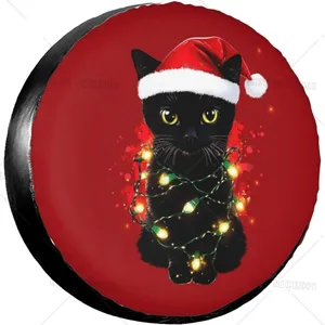 Christmas Spare Tire Cover Cute Black Cat in Santa Hat, Waterproof Heavy-Duty Fabric Wheel Protector, Fit for RV, Truck