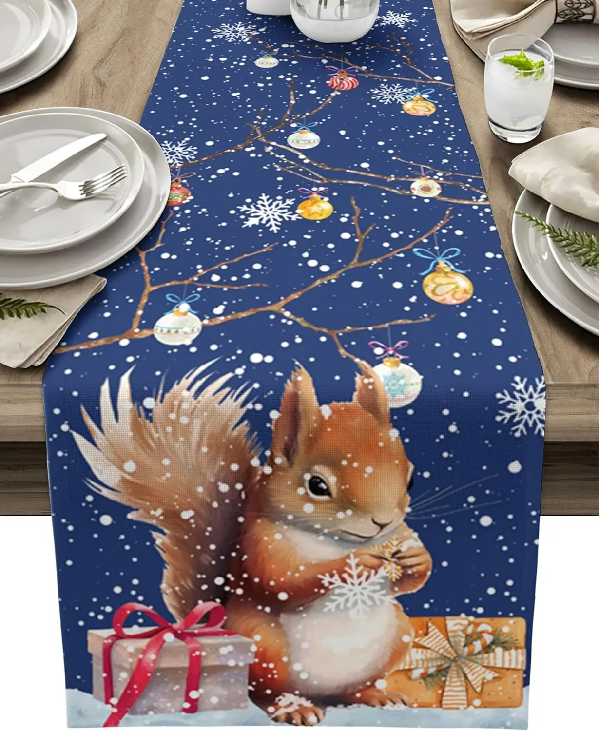 Christmas Snowflake Squirrel Linen Table Runner Dresser Scarves Winter Holidays Kitchen Dining Table Runner Christmas Decoration