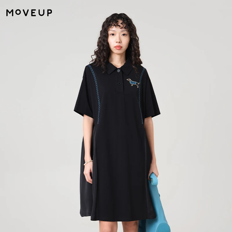 

MOVEUP Short Sleeved Polo Collar Dress 2026 Summer New Fun Embroidered Pocket Splicing Side Swing Office Knitted Dress 3ELX11319