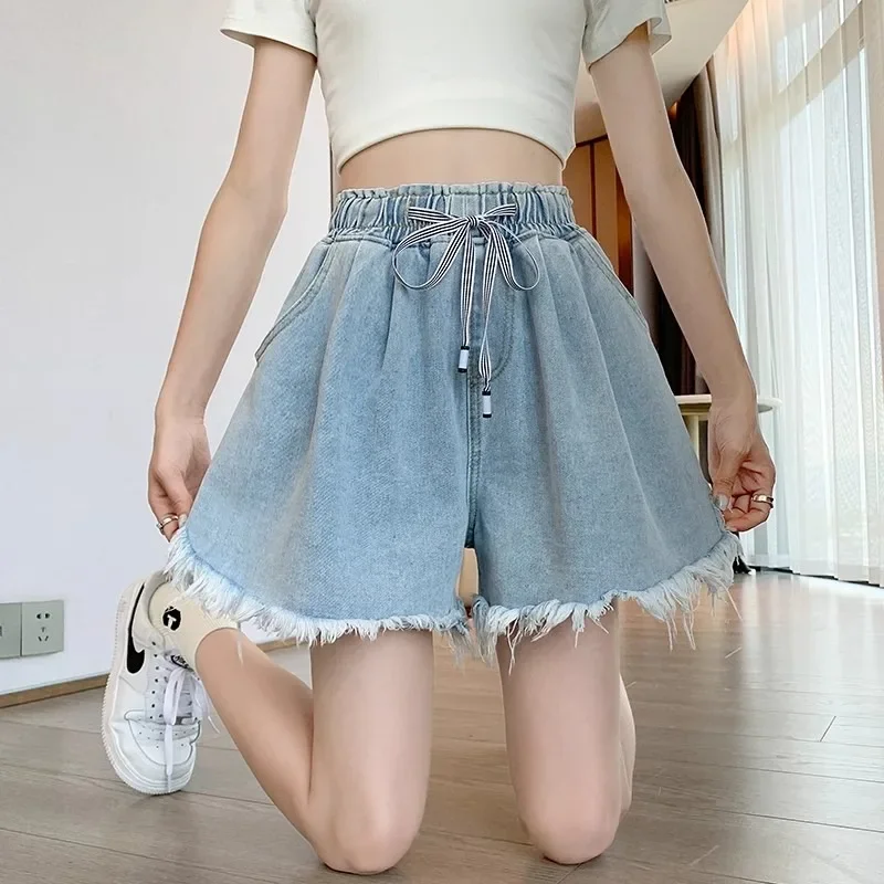 2025 Summer Denim Shorts Pant Women Fashion Solid Color Elastic High Waist Loose Thin Versatile Short Woman