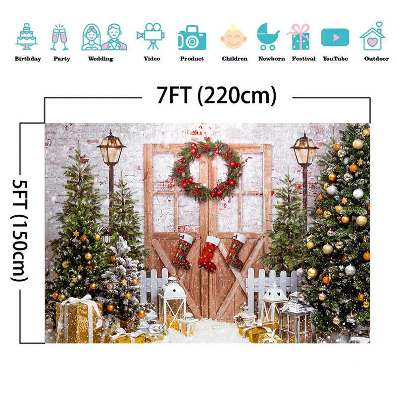 Christmas Tree Photography Backdrops Wooden Door Red Socks Winter Snow Kids Family Portrait Photo Background Studio Photocall