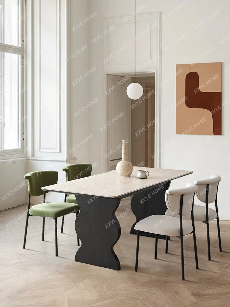 A  French Style Vintage Dining Table Rectangular Mid-Ancient Style Solid Wood High-Grade Cave Stone Stone Plate Dining Table
