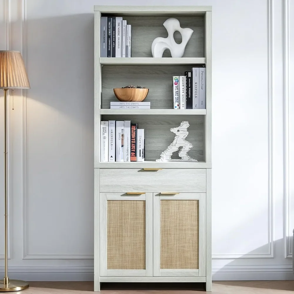 Bookcase, Rattan Bookcases with Doors Cabinet, 5-Tier Bookshelf, Large Wooden Book Case, Farmhouse Bookshelves