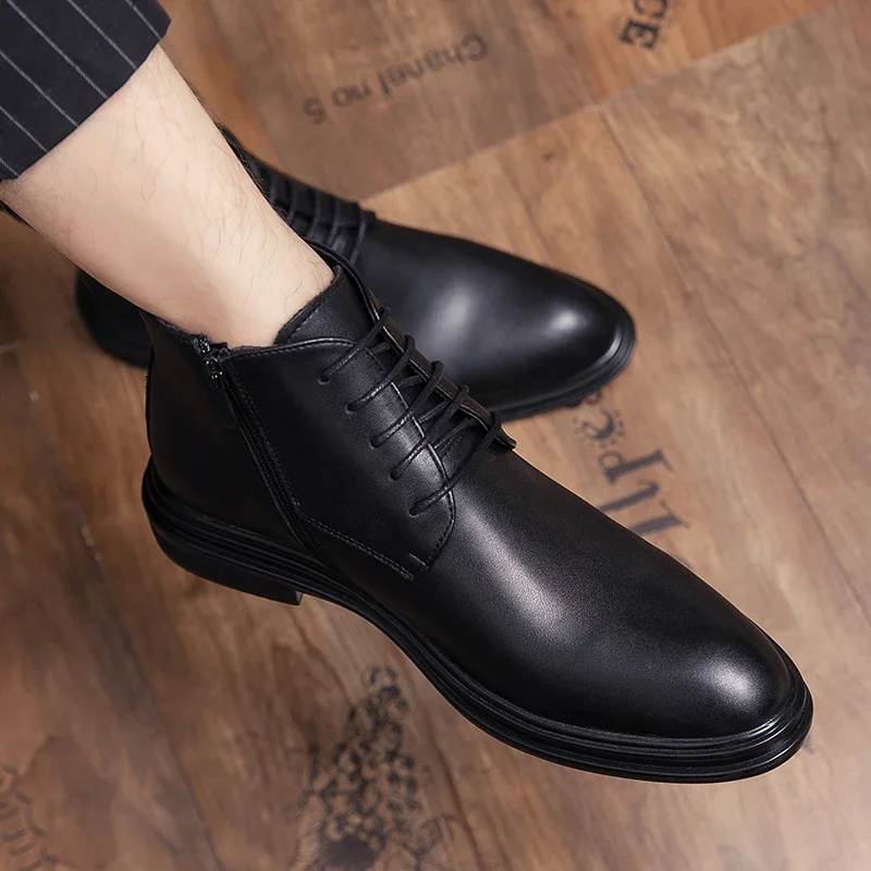 Men Round-toe Low-heel Leather Ankle Boots With Lace-up Design And Side Zipper For Business