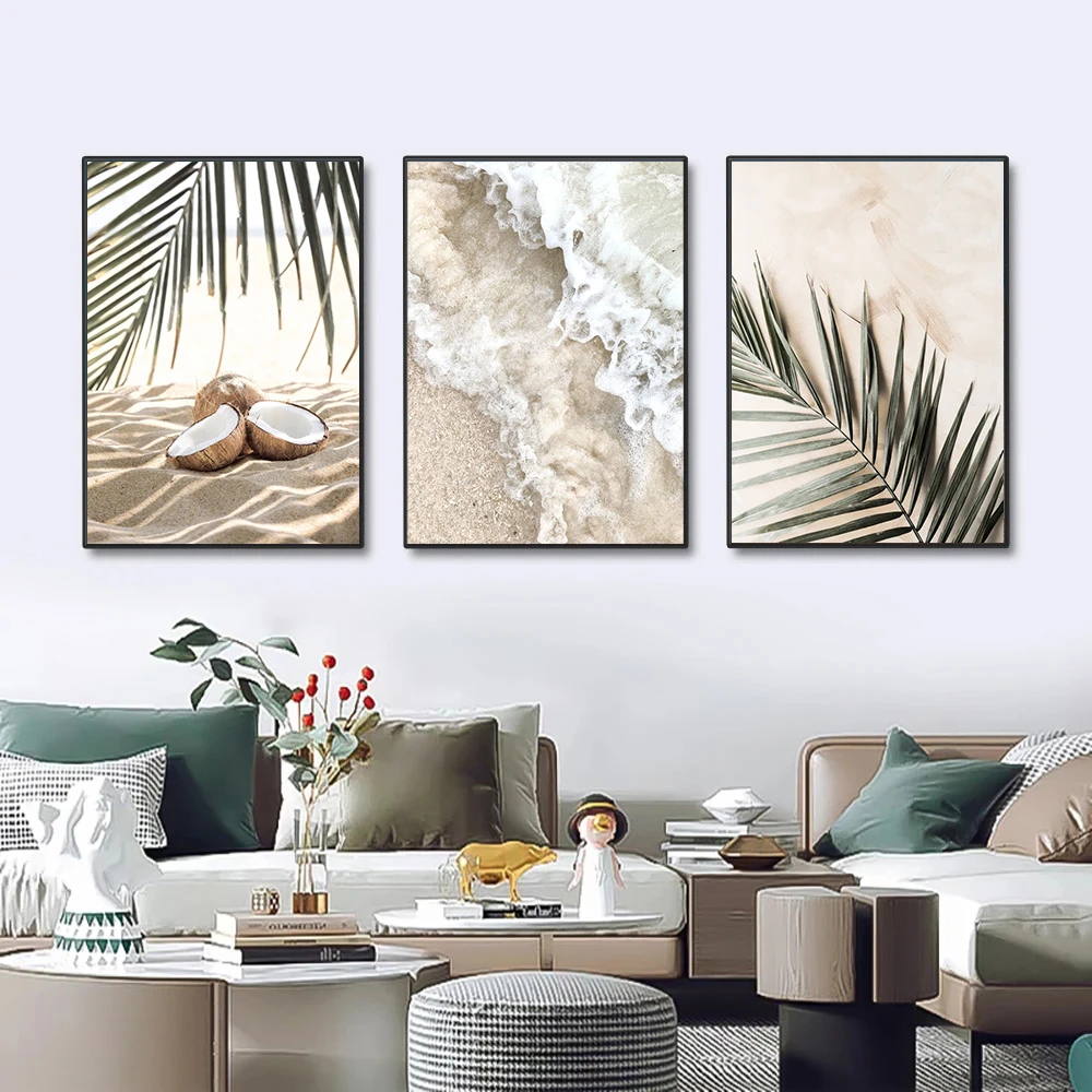 White Waves Beach Coconut Poster Seascape Canvas Painting Palm Leaves Print Pictures Nordic Wall Art Posters Living Room Decor