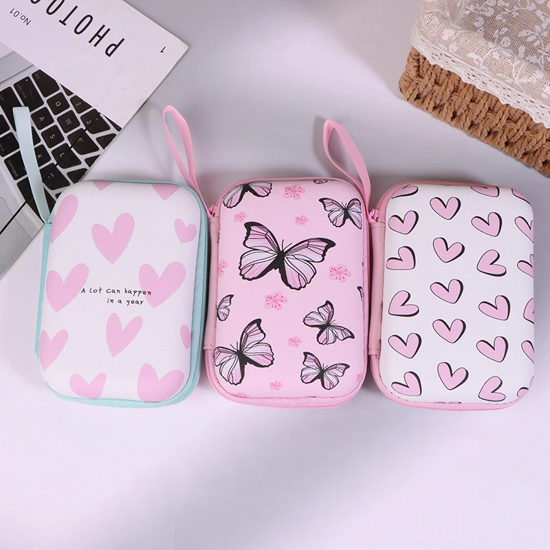 Cute Cartoon Heart Butterfly Pattern Headphone Data Cable Storage Bag Charger Power Bank Rectangular Box Zipper Bag Pocket Pouch