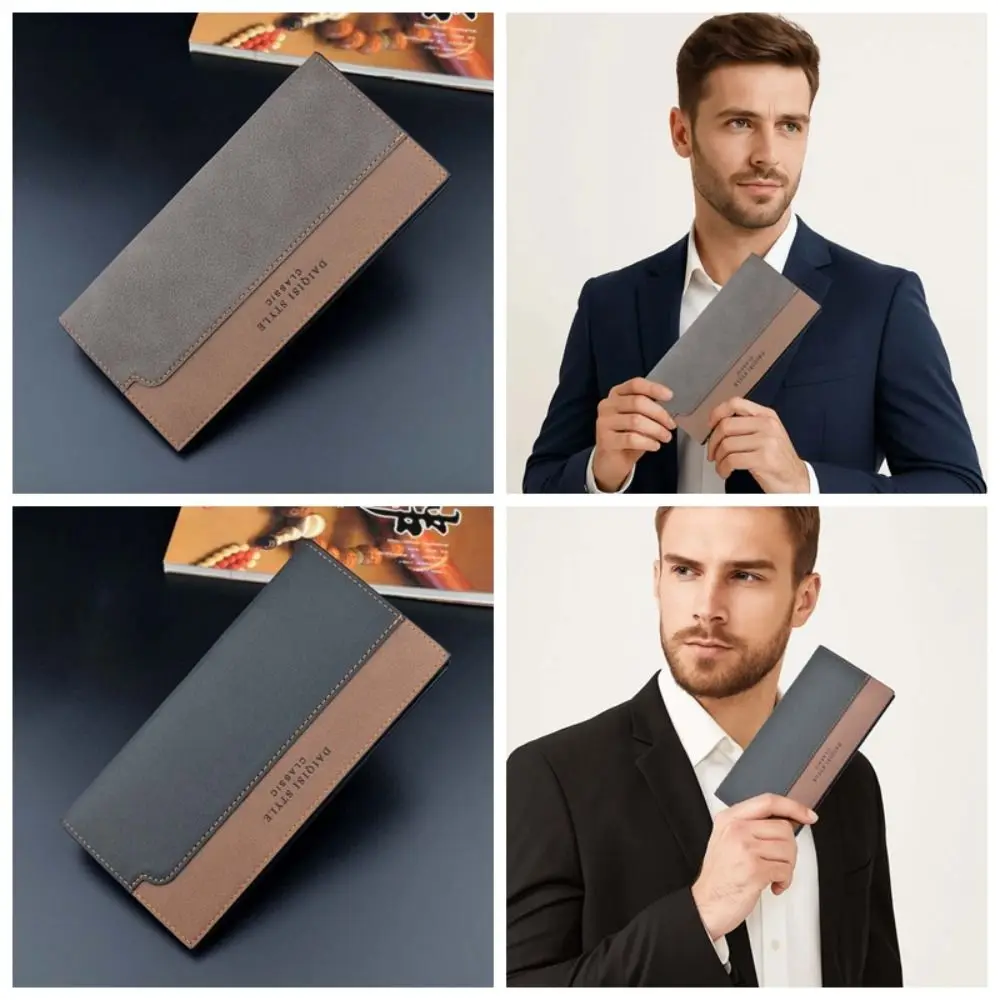 Large Capacity Long Suit Wallet PVC Coffee Men Business Wallet Anti-splash Water Multiple Card Holder Contrast Color PU Purse