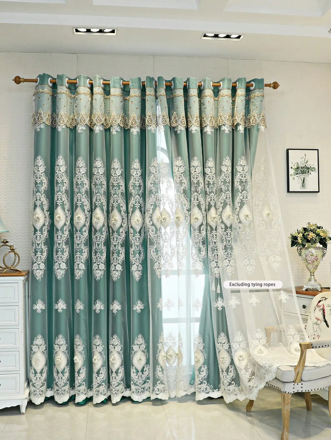 1PC Curtains,Luxury vintage-style embroidered curtains with 3D relief patterns, dual-layer design for privacy and light control