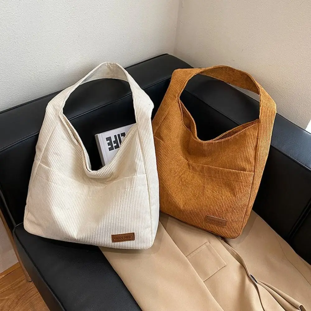 Solid Color Canvas Shoulder Bag Casual Corduroy Autumn Crossbody Bag Vintage Classic Shoulder Bag Women Girls