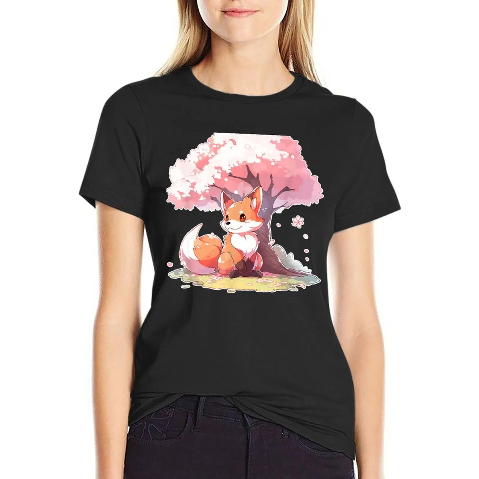 Kawaii Fox Japanese Otaku Cherry Blossom Flower Sakura T-Shirt Female clothing oversized tops for Women