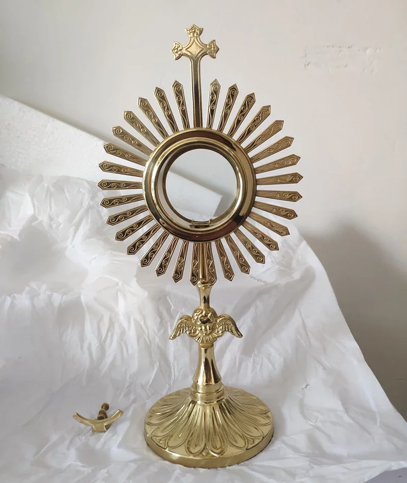 Holy Box Reliquary Brass Ostensorium Catholic Angel Ray Monstrance With Circule Lune Hight Polished Church Supplies