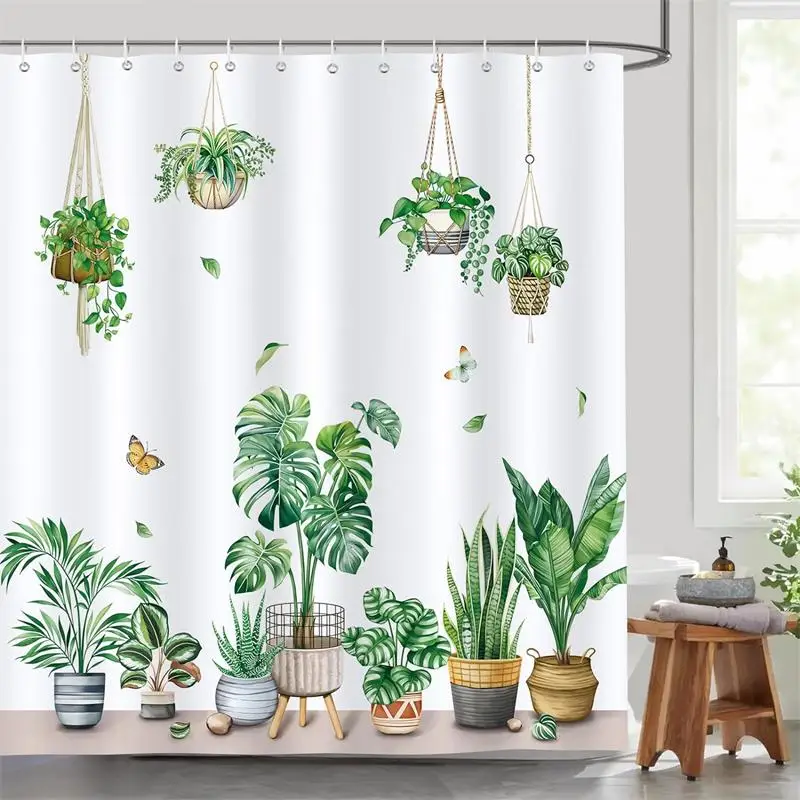 Tropical Leaves Shower Curtain Green Monstera Palm Leaf Parrot Jungle Animals Watercolour Art Cloth Bathroom Curtains Decoration