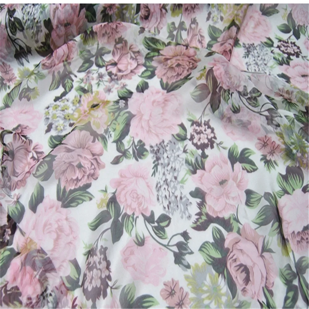 Hot Sale Original Soft Pure Silk Chiffon Fabric Digital Printing Pink Flowers Elegant for Lady Cloth Dress Scarves Shirt