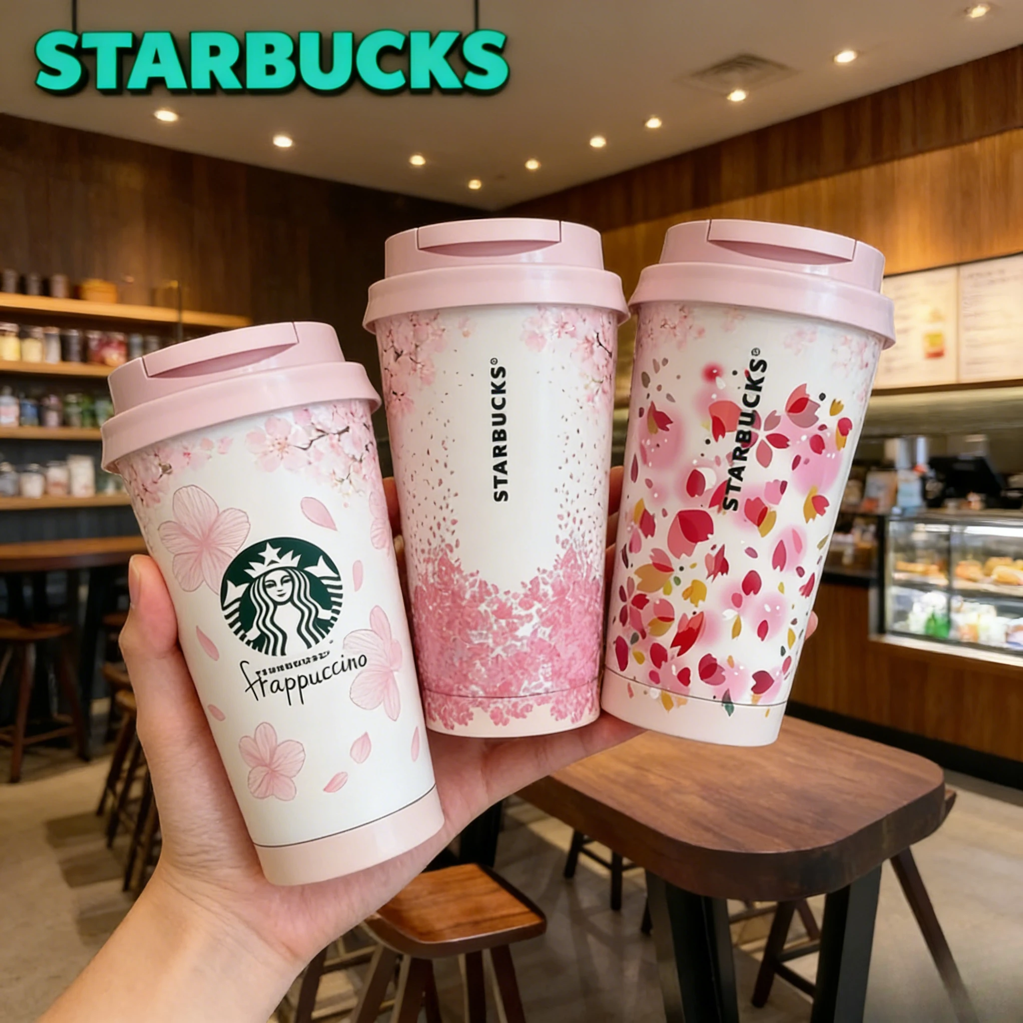 Copo Térmico Starbucks 500ml com Estampa Sakura, Parede Dupla com Isolamento a Vácuo, Caneca de Café Reutilizável com Tampa Rosa para Viagem e Uso Diário