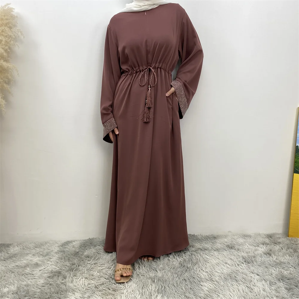 Muslim Women Fashion Long Dress Turkey Dubai women\'s pressed diamond patchwork lace dress Casual elegant robe with pockets