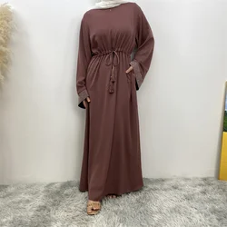 Muslim Women Fashion Long Dress Turkey Dubai women's pressed diamond patchwork lace dress Casual elegant robe with pockets