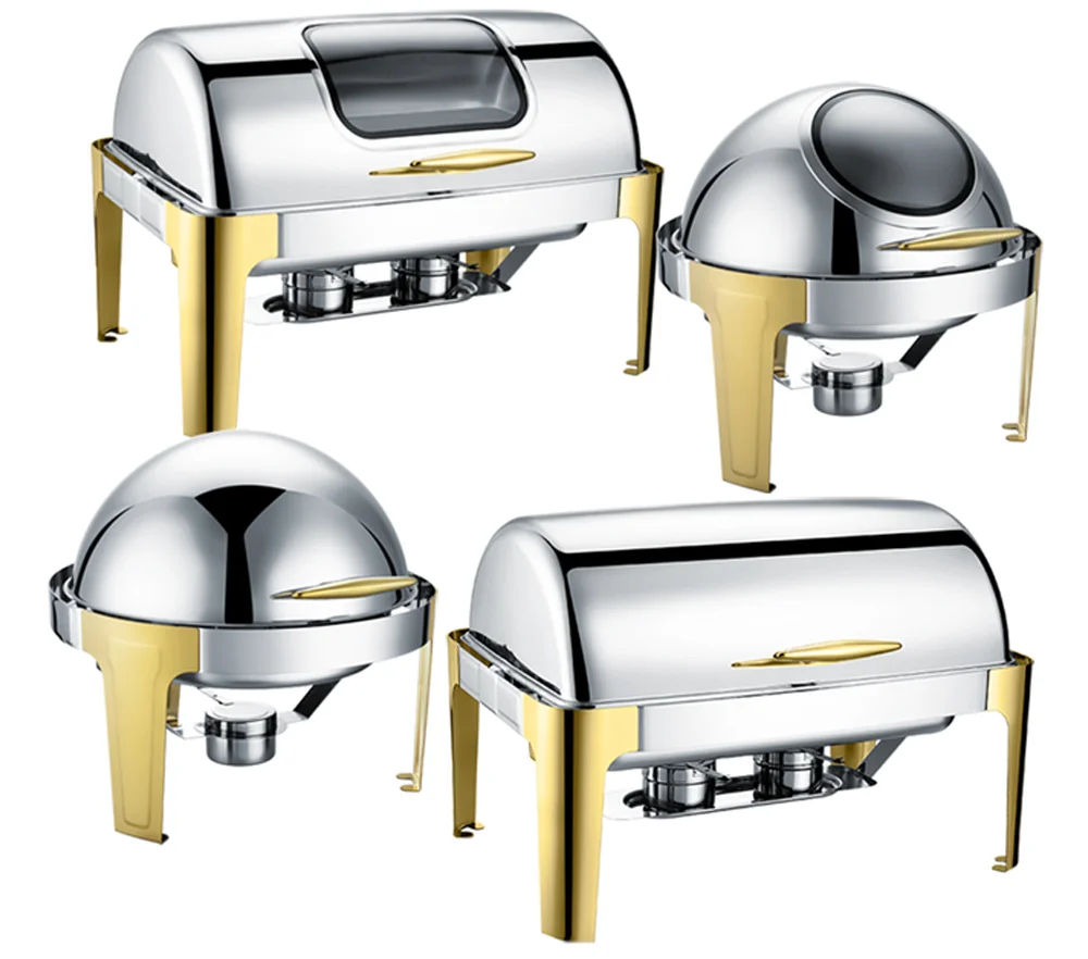 for 6L 9L Luxury Gold Plated High-end Stainless Steel Roll Top Chafing Dish Food Warmer With Visible Glass