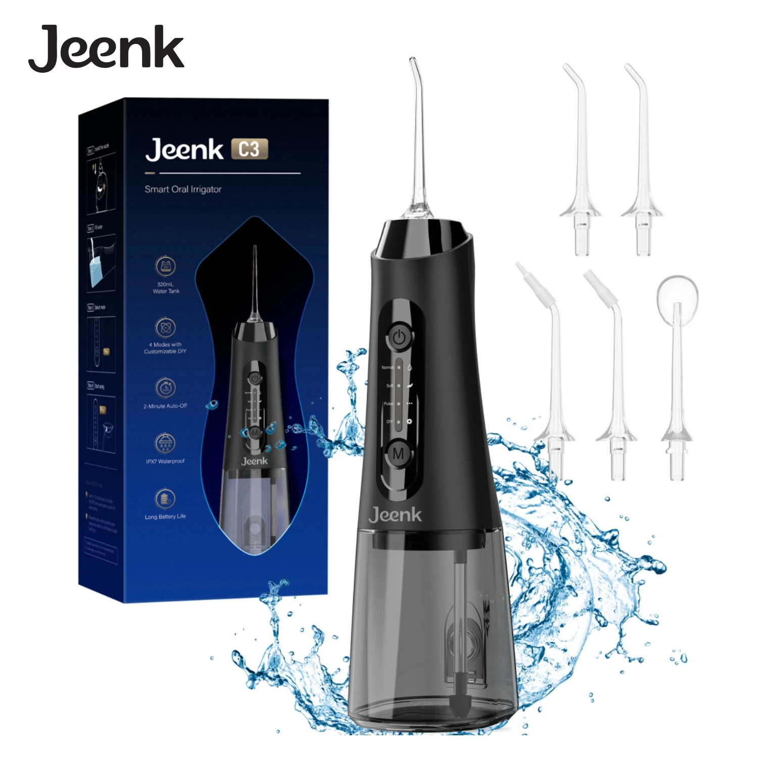 

Jeenk Water Flossers JK-C3 Oral Irrigator Rechargeable Portable Dental IPX7 Waterproof 4 Modes Water Tank 320ML Teeth Cleaner