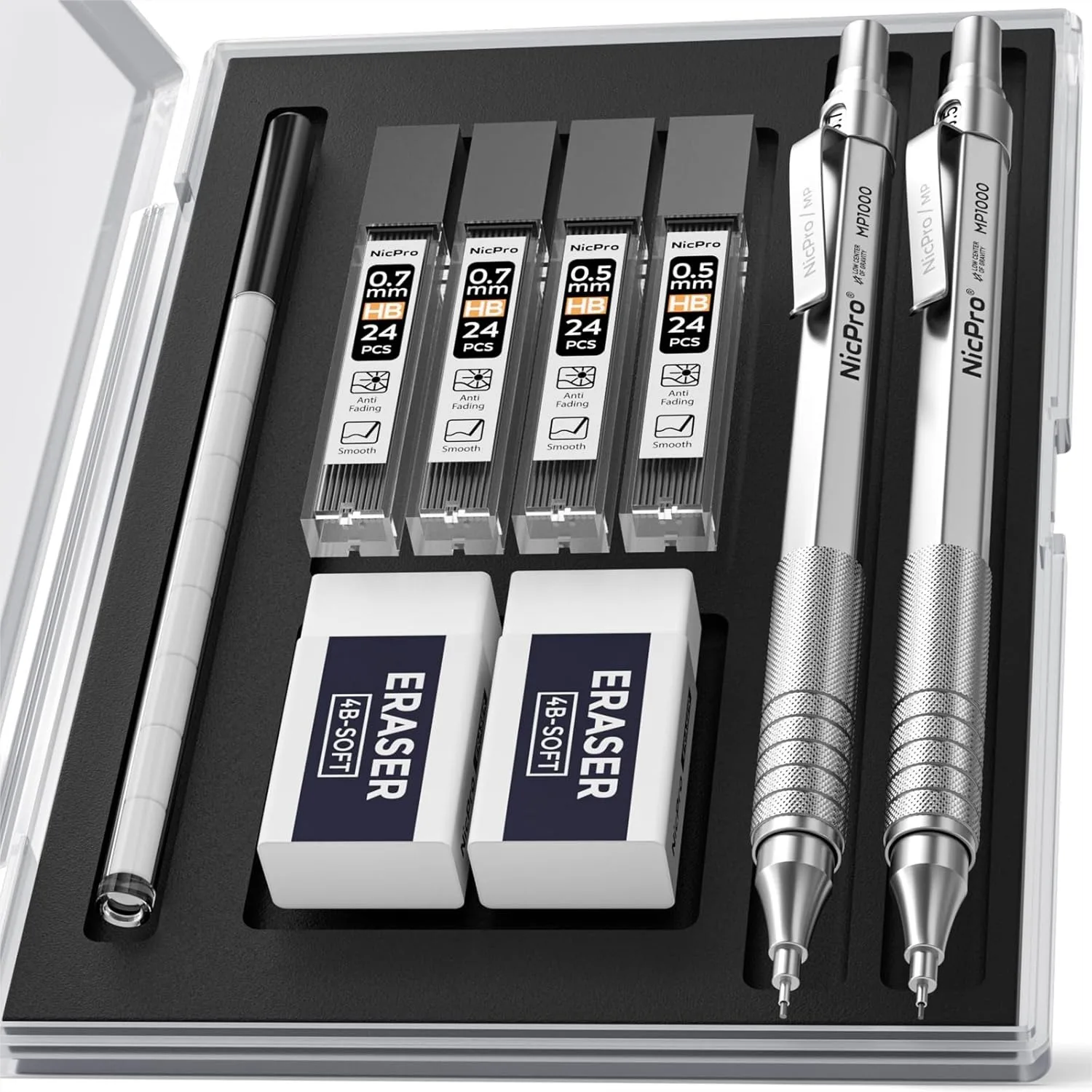 

Metal Mechanical Pencil Set 0.5mm & 0.7mm with Case, 4 Tubes HB Lead Refills, 2 Erasers, 9 Eraser Refills for Art Writing