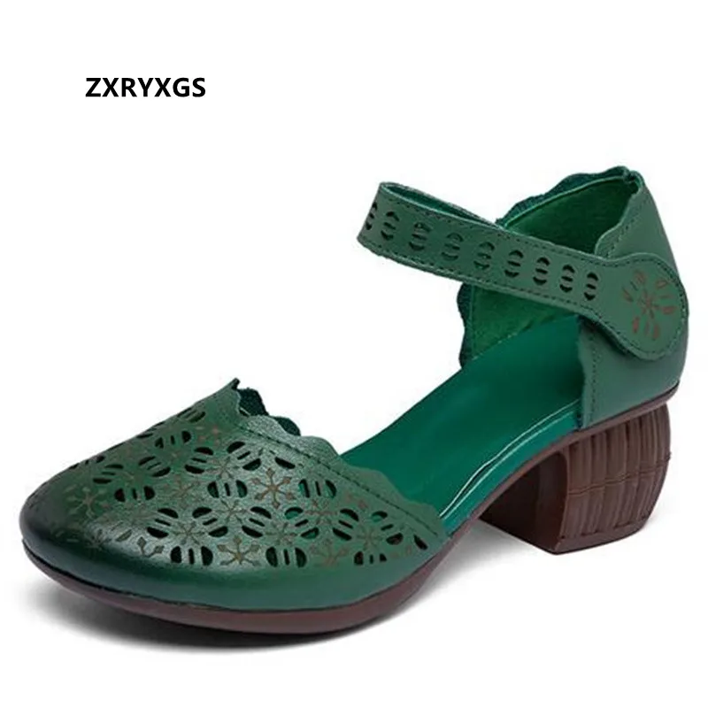 2024 New Summer Round Toe Genuine Leather Hole  Hole Sandals for Women Fashion Sandals Thick Heel Banquet Sandals Trendy Sandals