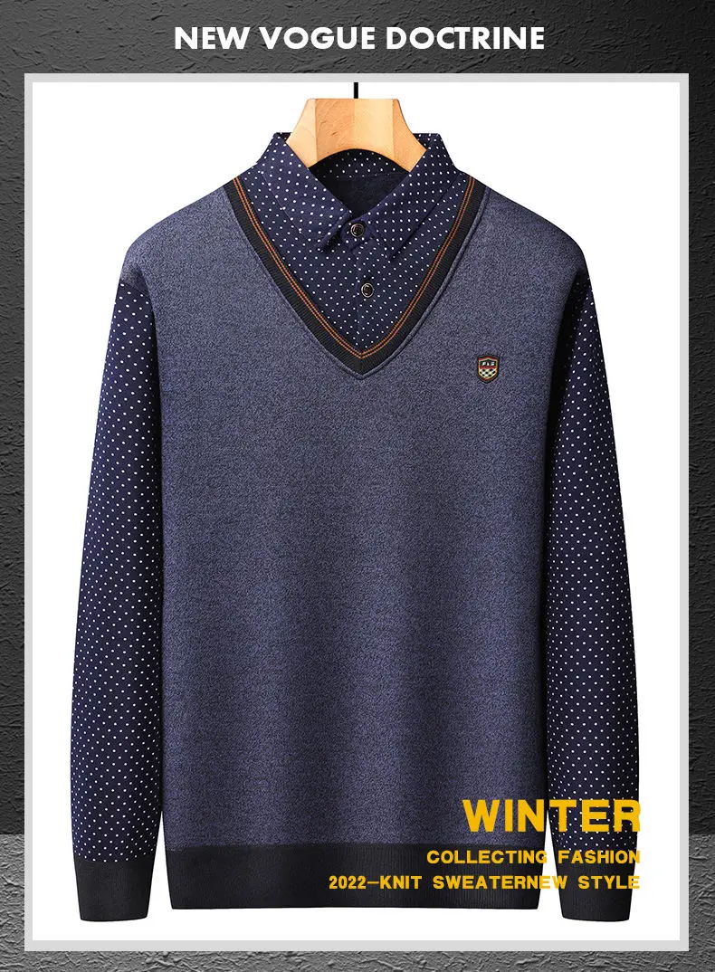 Herren-Langarmshirts mit Fleecefutter, Fake-Two-in-One-Strickhemden, gepunkteter Hemdkragen, V-Ausschnitt, entspannte Passform, warme Oberteile. – Detail 4