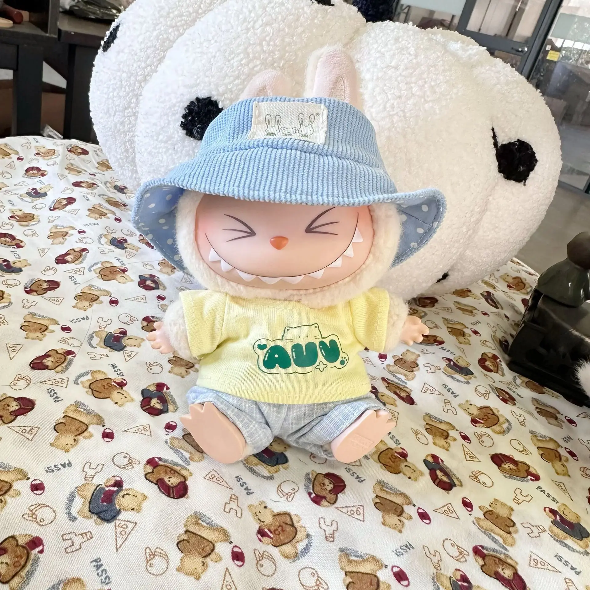 Vinyl Macaron Cloth Clothes First and Second Generation LABUBU Casual Checkered Two Piece Set Spring New Cute