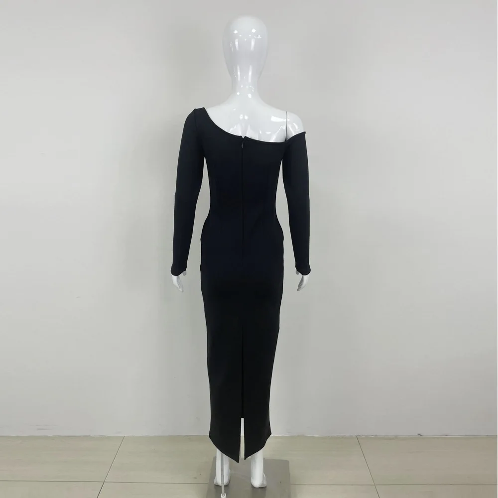 Abito lungo da donna a maniche lunghe con spalle scoperte sexy nero Abito elegante Abito da sera per celebrità Abito da ballo attillato con grande fiore rosso