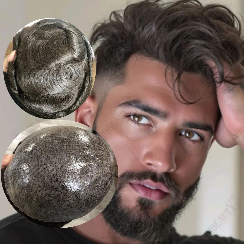 

Men's Capillary Prosthesis Undetectable0.1mm Injection Full Skin Base Toupee Men Dark Brown Natural Human Hair System Grey Black