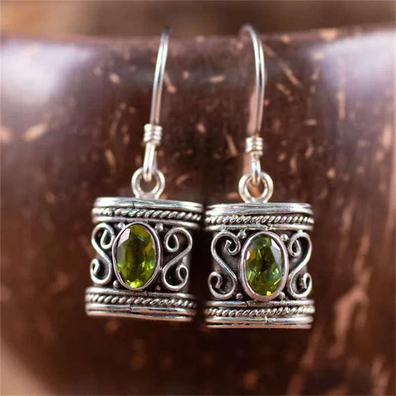 Ethnic Oval Inlaid Olive Green Stone Hook Earrings Vintage Silver Color Metal Carving Hollow Spiral Pattern Dangle Earrings