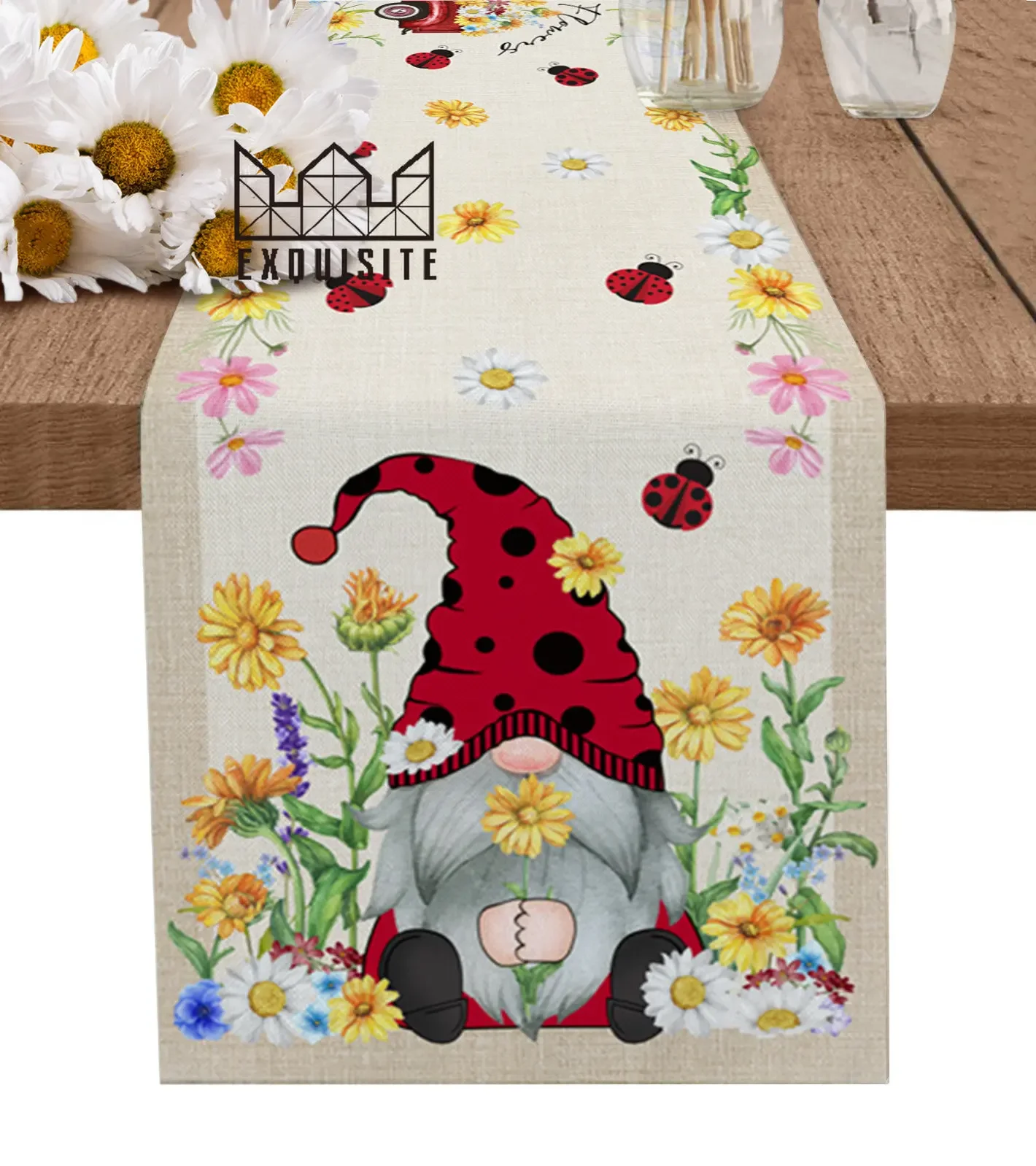 Summer Daisy Seven Star Ladybug Gnome Table Runner Wedding Party Dining Table Cover Cloth Placemat Napkin Home Kitchen Decor