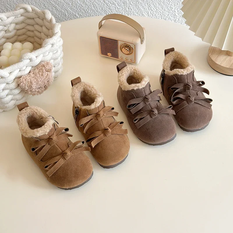 Toddler Girls Winter Ankle Boots, Bow Decor Fleece Lined Baby Boots, Side Zipper Non Slip Soft Sole Shoes for Daily Outing