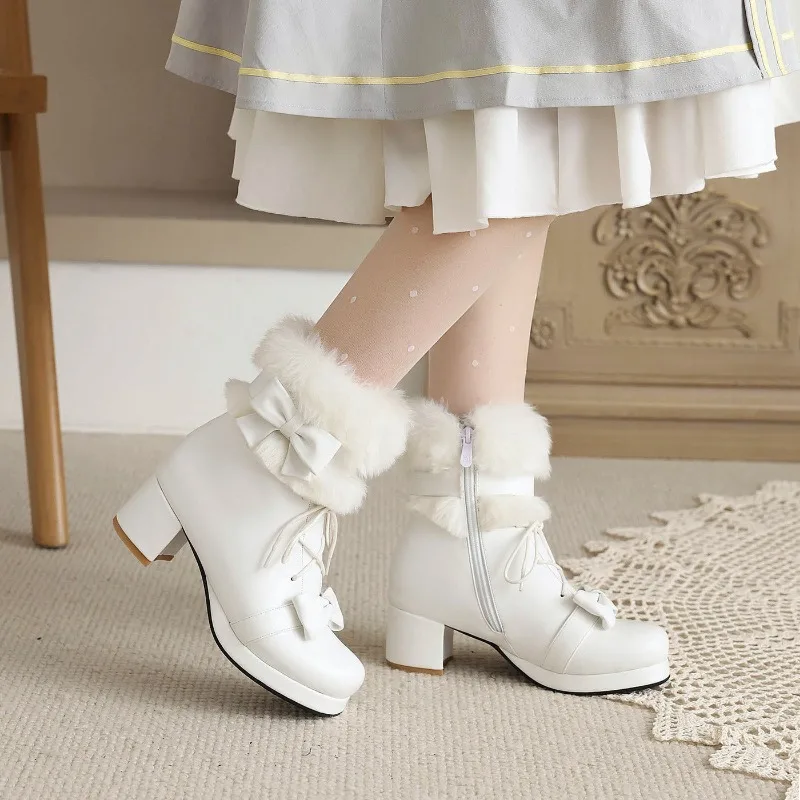 Winter Lolita Ankle Boots Fluffy Round Toe Kawaii Japanese Anime Cosplay Warm Boots for Women Plus Sizes Availabl