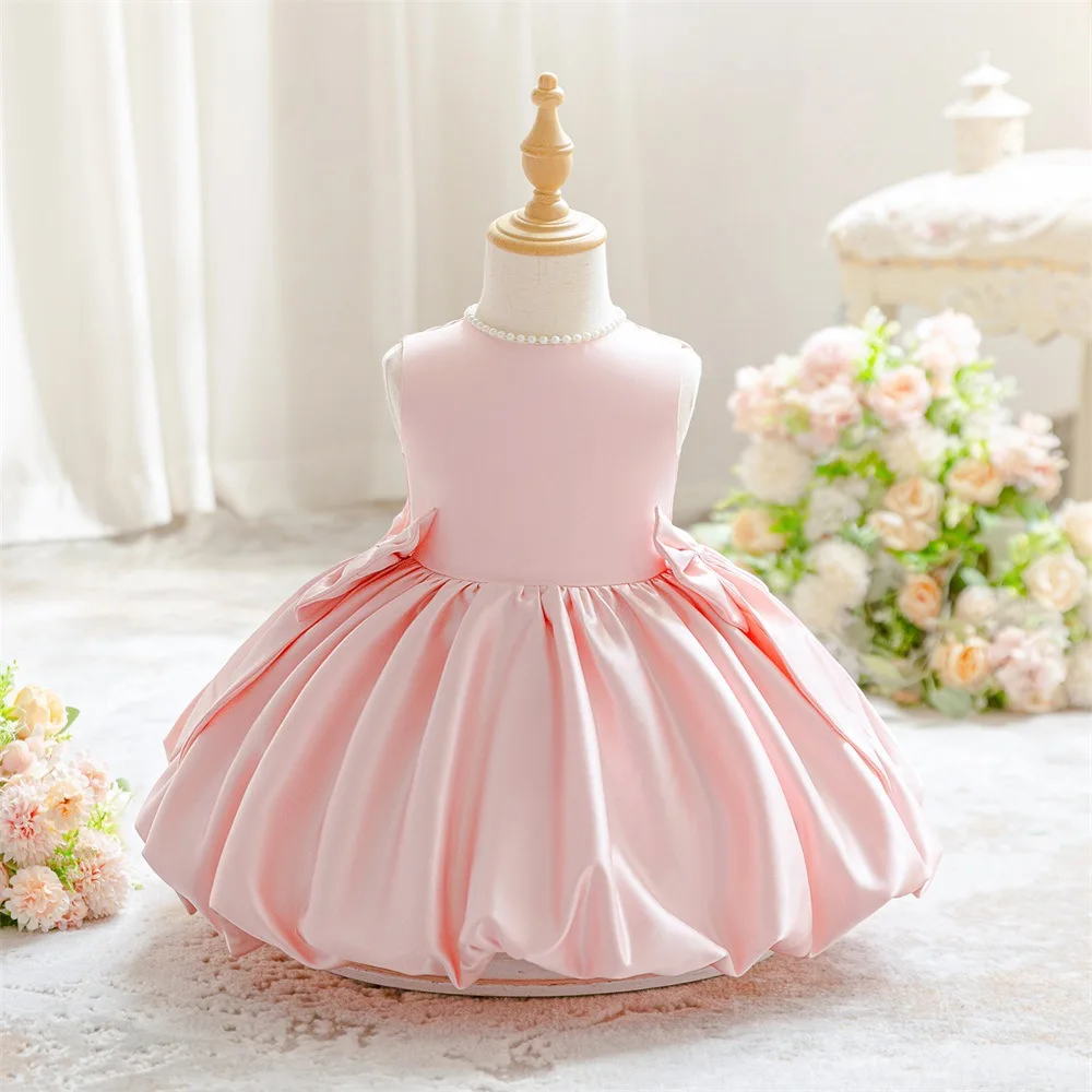 Baby Girl Pink Sleeveless Satin Dress Pearl Neck Big Bow Puffy Skirt Toddler Infant Birthday Party Baptism Flower Gown ASQ03