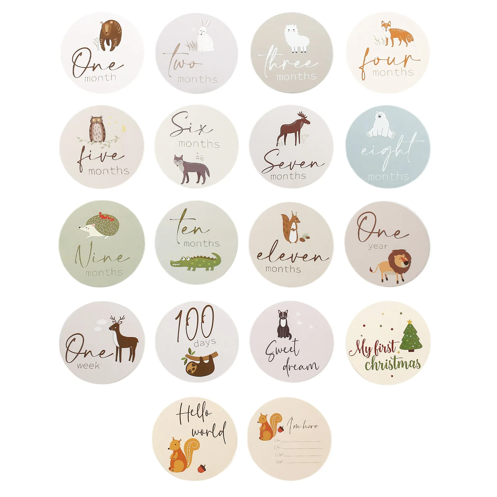 การ์ดเหตุการณ์สําคัญของทารกแรกเกิดพร้อมการออกแบบสัตว์ - อุปกรณ์ประกอบฉากภาพถ่ายน่ารักสําหรับการติดตามการเจริญเติบโตรายเดือนและถ่ายภาพวันเกิด