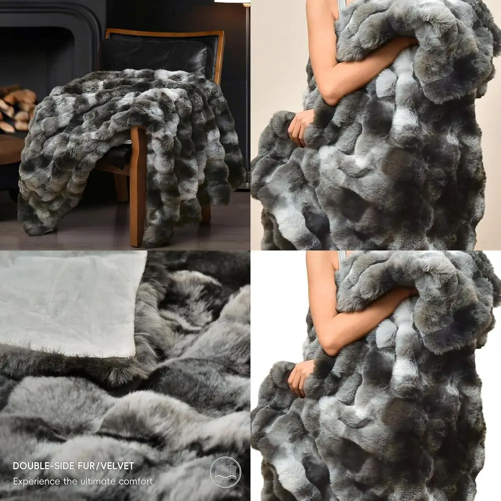 

Twin Size Tie Dye Charcoal Faux Rabbit Fur Blanket, Plush and Cozy for Fall & Winter, 60x80