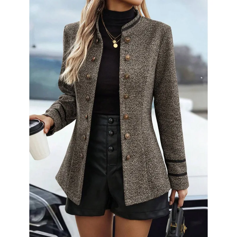 2026 New Women's Long Sleeve Double Buttoned Contrast Color Edge Regular Style Thickened Polyvinyl Fiber Coat for plus Size