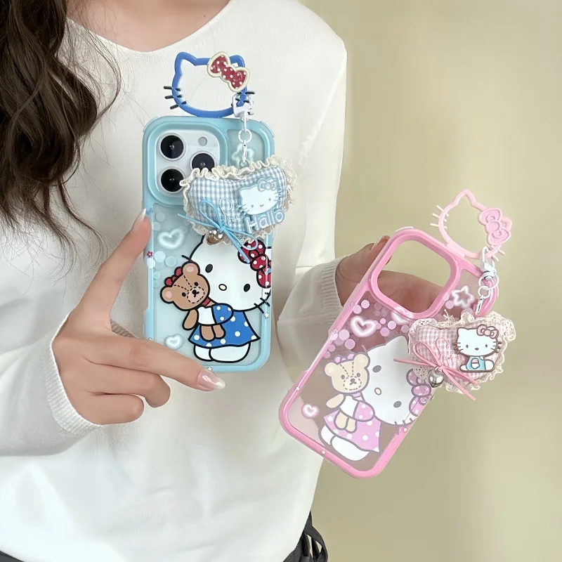 

Cartoon Cute Hello Kitty Love Bear KT Phone Case For iPhone 14 15 16 Pro Max 3D lace Love Heart lattice Bow Kitty pendant Cover