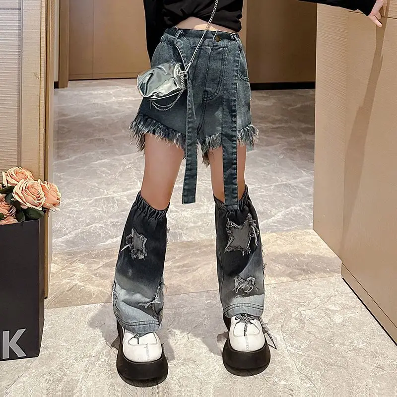 Hip Hop Girls Crop Top Street Dance Jeans Pants Child Sweatshirt Two Sections Shorts Streetwear Clothes Sets Kids Jazz Costumes