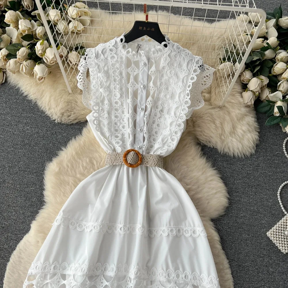 French Vintage Elegant  sleeveless cut out Embroidery lace Dress Vacation  Women Fashion Summer Spring Vestidos  dresses