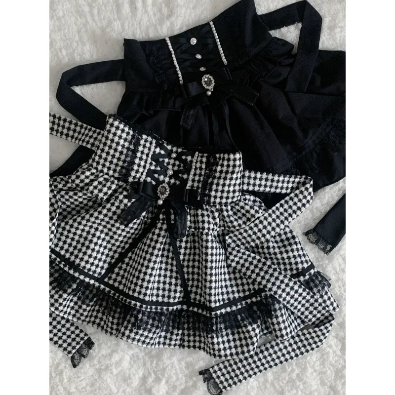 

Kawaii Women Japanese Lolita Houndstooth Plaid High Waist Bow Cute Short Skirt For Girls
