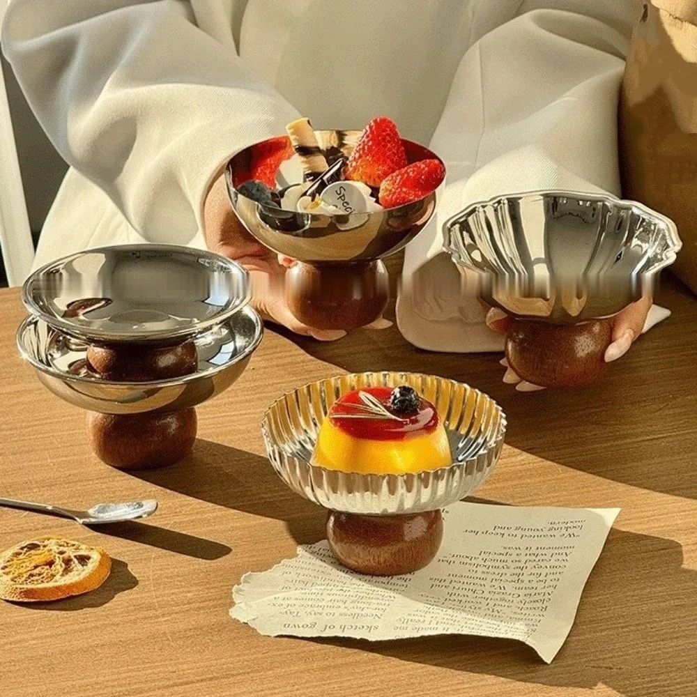 Food Grade Stainless Steel Dessert Bowl Retro Style Fruit Plate Dessert Salad Goblet High Footed Pudding Bowl Restaurant