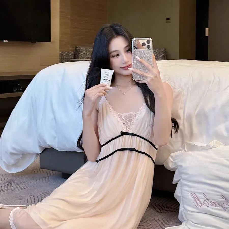 French style Comfortable Lace Mesh Sleep Dress with Padded Bust Soft Sweet Nightgown Cute Camisole Sleepwear for Women