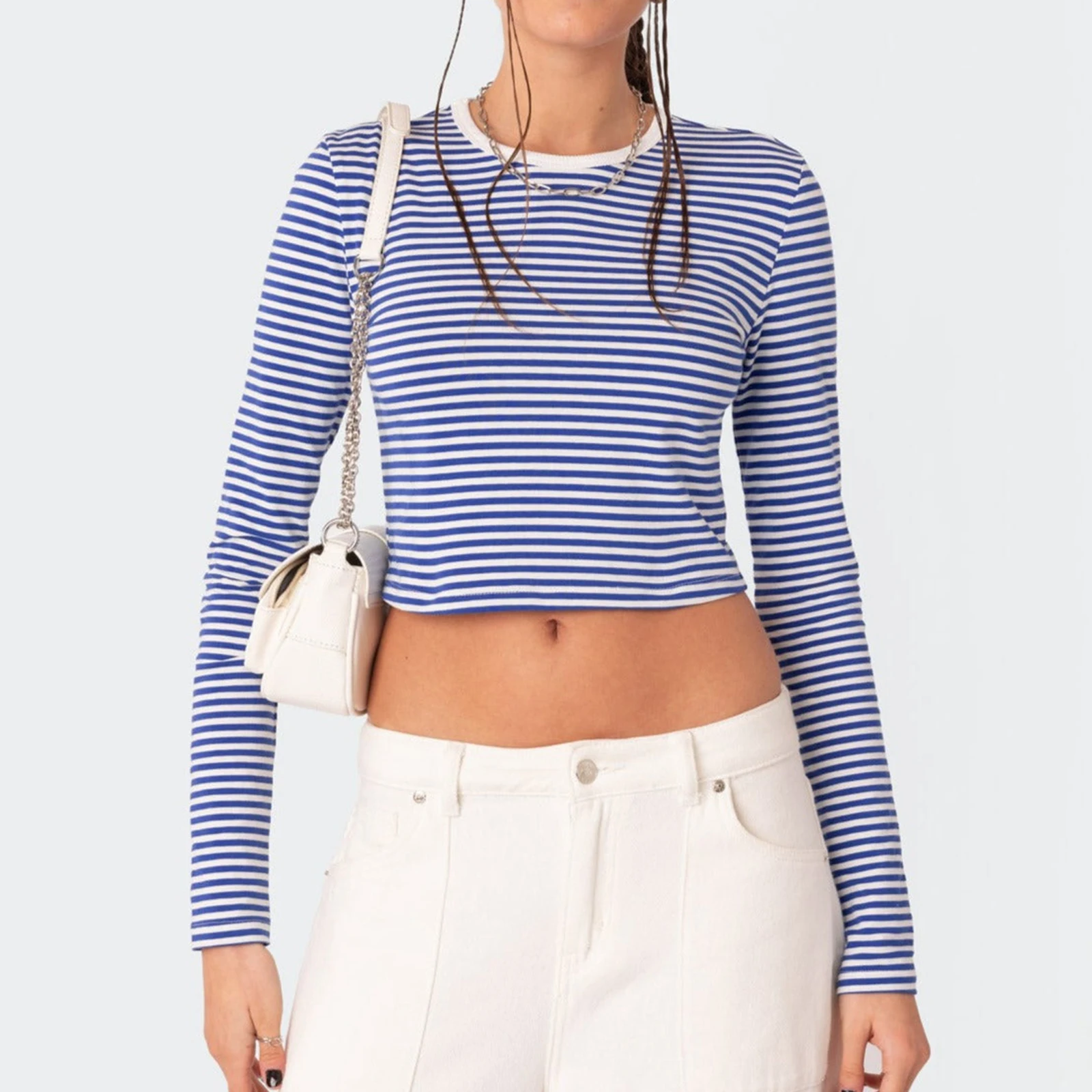 Women's Striped Crop Tops Fitted Round Neck Showing Navel Long Sleeve T-Shirt Casual Fall Streetwear